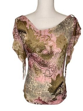 One ❤️Women’s Short Flutter Sleeve Semi Sheer Boho Top Size Medium